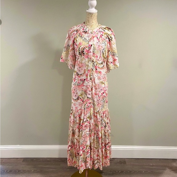 MISA Malena Los Angeles Floral Eyelet Embrodered Flutter Sleeve Midi Dress Sz S - Picture 3 of 12